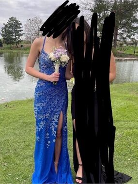 Royal Blue Beaded Spaghetti-Strap Prom Gown